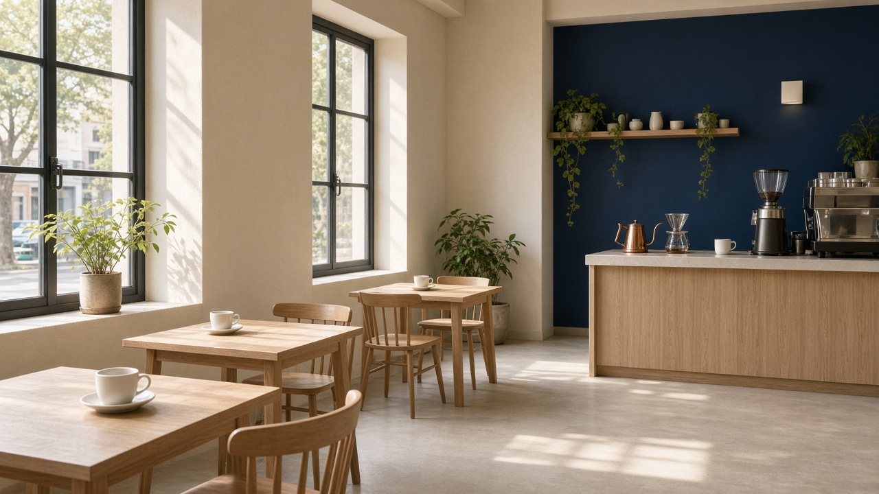 Sunlit oak tables and a navy coffee bar at Hand by Hand
