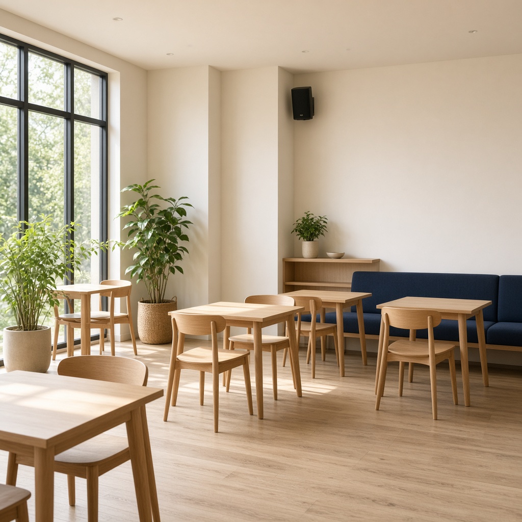 Spacious oak tables with room between them